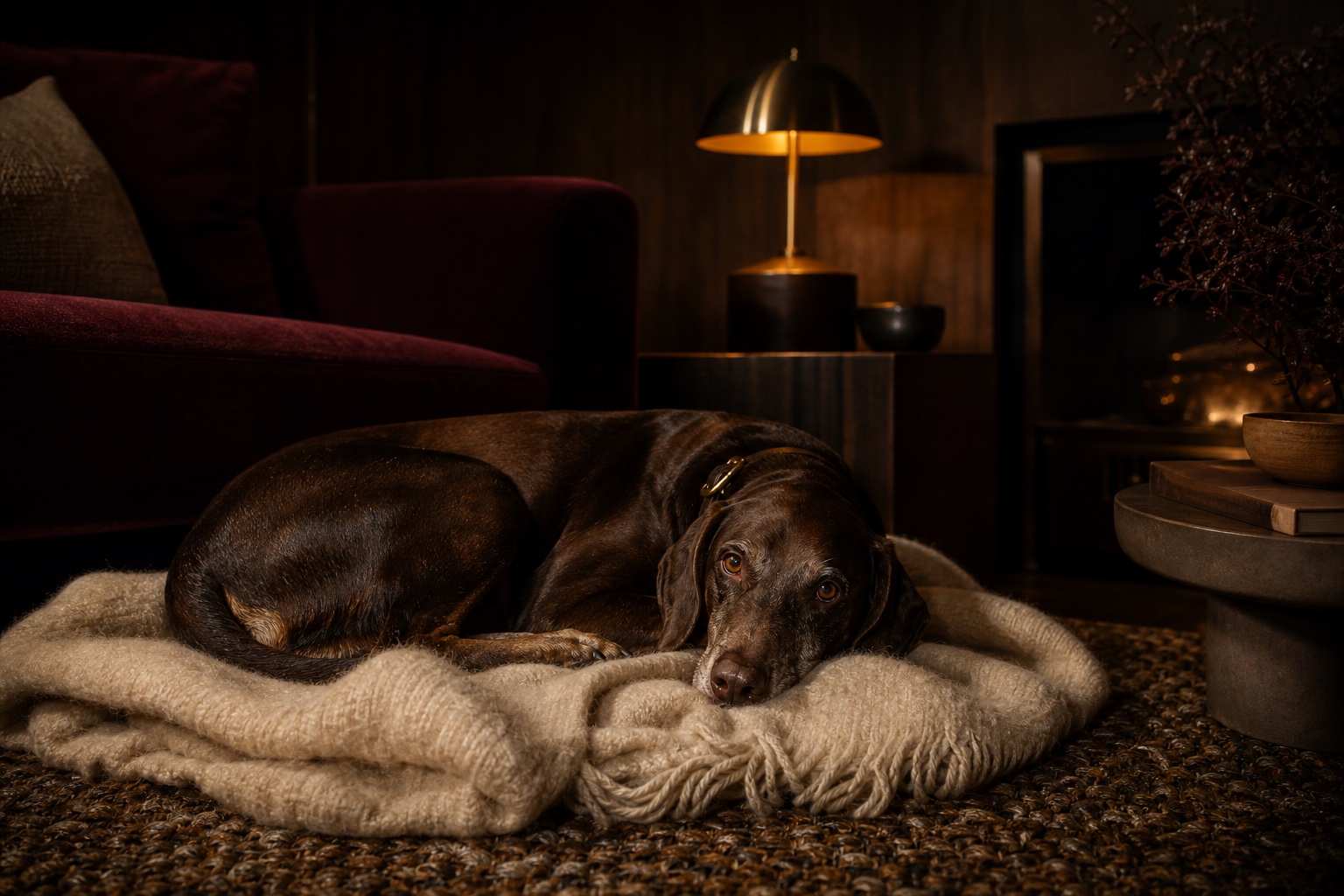 Ruhender Hund auf einer Decke in einem gemütlich beleuchteten Wohnzimmer am Abend