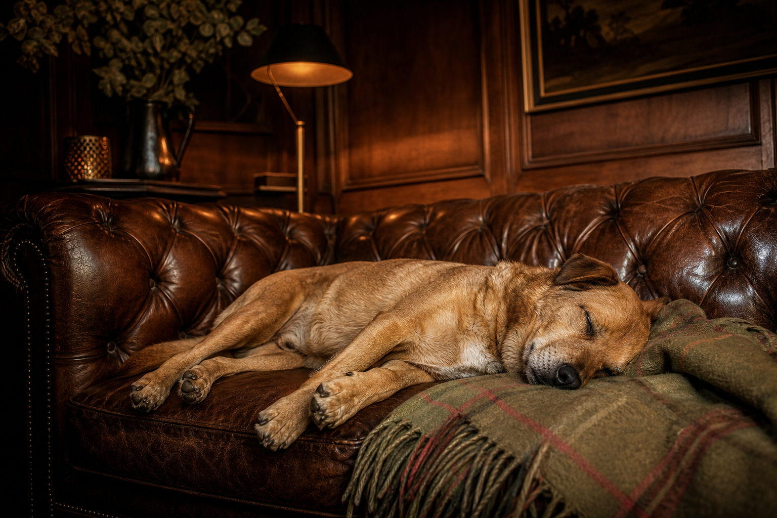 Entspannt schlafender Hund auf einem Ledersofa nach dem Fressen